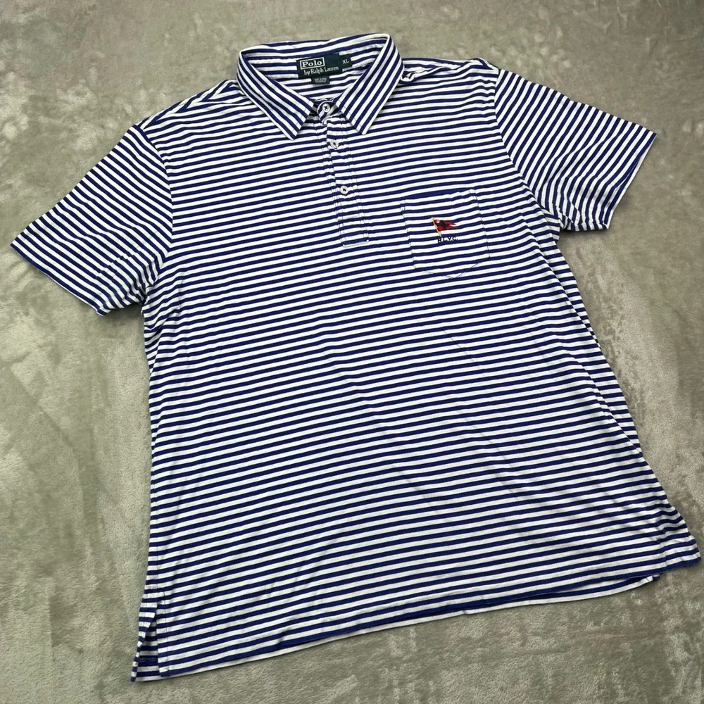 Polo Ralph Lauren Polo Shirt Mens XL Blue White Striped RLYC Flag Yacht Club